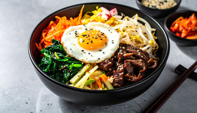 Traditional Korean dish bibimbap with fried agg, beef and vegetables        