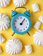 A blue alarm clock amidst fluffy white marshmallows on a bright yellow surface
