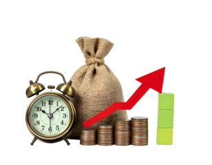 Vintage alarm clock, money bag, and rising graph depicting financial growth