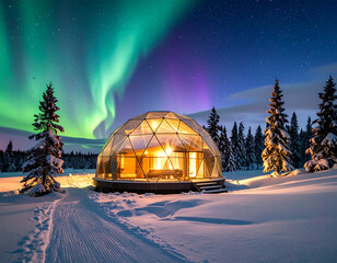 Arctic Retreat A Glass Under the Northern Lights in a Snowy Landscape