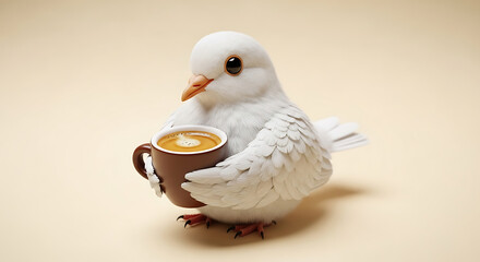 Cute white dove holding a cup of coffee in its wings on a soft beige background