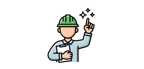 Fototapeta premium Construction worker with an idea pointing up holding a clipboard representing innovation and safety in the building industry suitable for engineering blogs