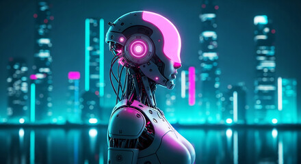 Sleek cybernetic female android with luminous pink details against a vibrant futuristic cityscape, embodying advanced artificial intelligence and the future of urban technology