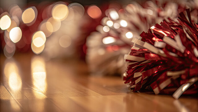 Red and white cheerleading pom-poms on wood concept. Vibrant cheerleading pom poms on a wooden floor with soft bokeh.