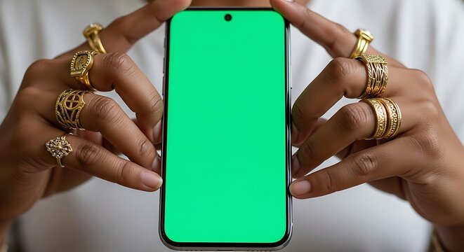 Hands holding a smartphone with a vibrant green screen, adorned with elaborate gold rings.