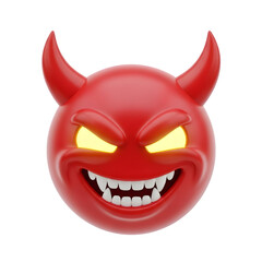 Naklejka premium Red Devil Emoji with Glowing Eyes and Spiky Teeth on White Background