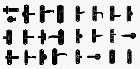 A diverse collection of black silhouette door handles, knobs, and locking mechanisms in various styles.