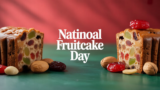National Fruitcake Day celebration with sliced fruitcakes and assorted dried fruits and nuts on a green surface