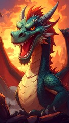 Fototapeta premium A teal dragon with fiery sunset backdrop. Dragon portrait, powerful gaze, open mouth, vibrant colors, stylized, fantasy art, digital illustration, mythical creature, fierce expression
