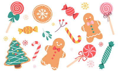 Christmas sweets set. Gingerbread cookies, candy canes, lollipops and festive desserts. Vector Illustrations