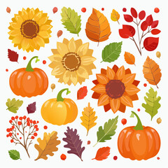 A vibrant collection of autumn elements including pumpkins, sunflowers, colorful fall leaves, and berries for seasonal harvest and Thanksgiving designs