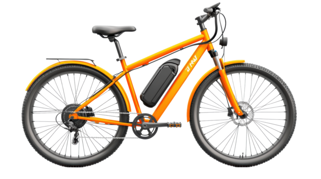 Orange electric bicycle with battery motor
