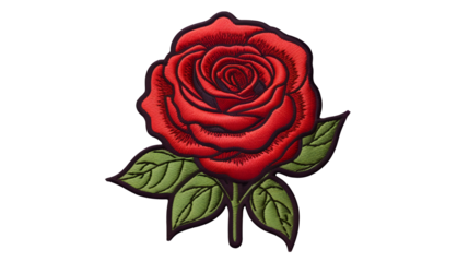 Isolated embroidered red rose with green leaves on transparent back
