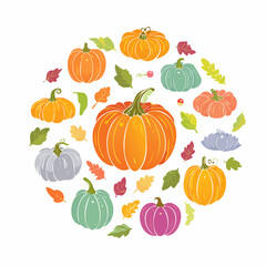 Colorful Autumn Harvest Pumpkins and Leaves Circle Design
