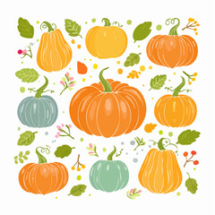 Vibrant assortment of fall pumpkins and gourds in an illustrative style, perfect for seasonal designs, autumn harvest celebrations, and Thanksgiving themes, embodying the spirit of the changing season
