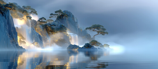 폭포가 흘러내리는 빛나는 산과 몽환적인 안개로 뒤덮인 호수, 동양화 느낌의 초현실적 배경-A surreal backdrop with a cascading waterfall and a dreamy, mist-covered lake, reminiscent of an oriental painting