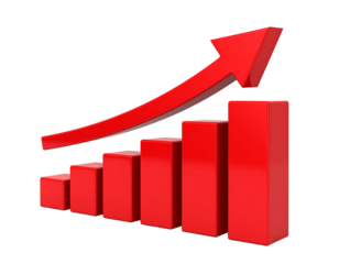 Red bar graph with upward arrow, 3D style