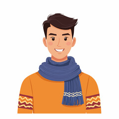Young Man Wearing a Blue Scarf and Orange Sweater, Smiling Warmly