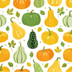 Seamless pattern featuring a delightful assortment of vibrant autumn gourds and colorful fall leaves, ideal for seasonal backgrounds, Thanksgiving themes, and decorative textile prints