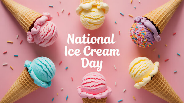 Colorful ice cream cones with sprinkles arranged on a pink background celebrating National Ice Cream Day