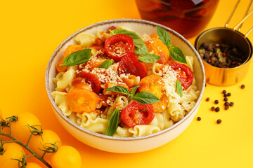 Bowl of tasty pasta with tomato and basil on yellow background