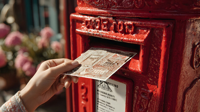 the timeless act of dropping a postcard into an iconic red postbox