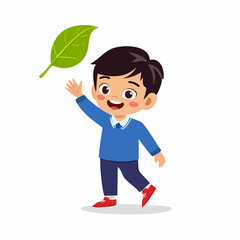 Happy little boy reaching for a green leaf, symbolizing nature, childhood, and joy with a smile