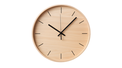 A wooden clock with black hands on a transparent background time