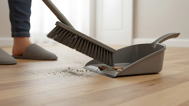 Person sweeping up debris with a brush and dustpan on a light-colored wooden floor.