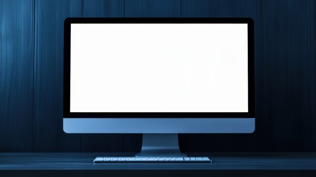 Computer monitor showing a blank white screen, sitting on a dark wooden desk with a blue toned textured background