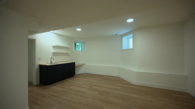 Newly finished basement with bright lighting, open layout, and a small kitchenette area. renovated space with small windows and built-in shelves