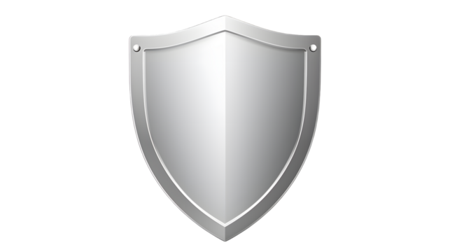 Isolated silver shield with metal rim on a transparent background