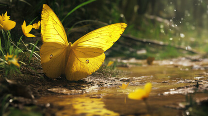 Vibrant yellow butterfly resting on a wet forest floor with soft bokeh background