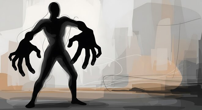 A powerful, dark silhouette figure with oversized hands stands against a muted urban backdrop, evoking a sense of mystery and strength.