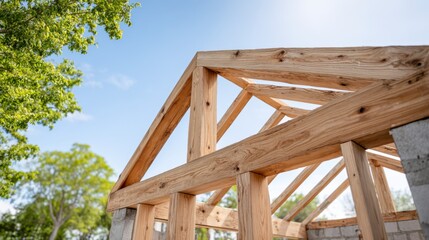Obraz premium A Close-Up View of Wooden Framework for a Roof Under Construction. house building, lumber construction, eco housing, real estate development, eco construction, timber engineering concept