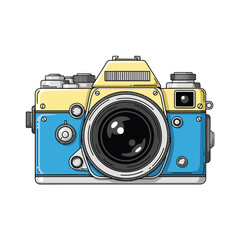 A retro-style camera with a blue and yellow body and a large lens.