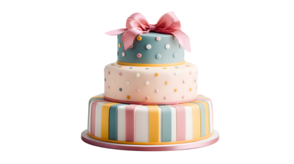 A three tiered cake with pastel colors and a pink bow on top