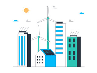 Obraz premium Modern eco-friendly city utilizes solar panels as a source of electrical energy for daily life. Green energy vector illustration. Flat illustration.