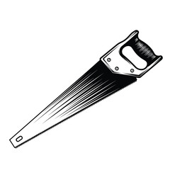 A vintage hand saw with a wooden handle and metal blade for cutting wood materials.