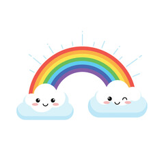A cute cartoon rainbow arcs gracefully over fluffy smiling clouds on a bright day.