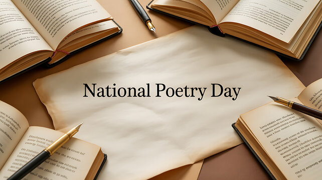 National Poetry Day celebrated with open books and writing tools on a wooden surface