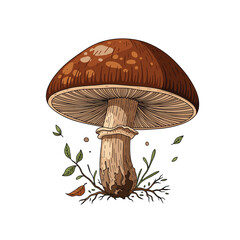 A detailed illustration of a mushroom with intricate gills and a textured cap surrounded by delicate foliage and twigs.