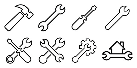 Obraz premium Repair and Service Icons Set – Wrench, Screwdriver, Hammer, Gear and Maintenance Vector Symbols.