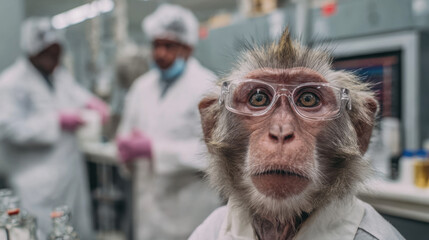 Curious monkey wearing glasses in laboratory setting, scientists in white coats conducting experiments and showcasing advanced re techniques in background.