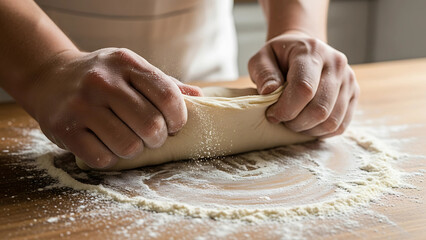 Close-up of human hands kneading raw dough on a floured wooden surface, preparing for baking.