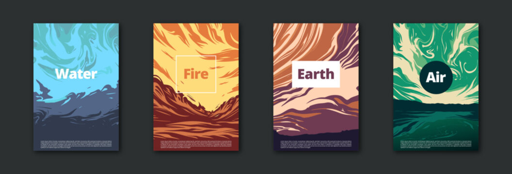 Fondo abstracto colorido. Ondas l&iacute;quidas con degradado din&aacute;mico. Textura marm&oacute;rea y fluida. Inspirado en los cuatro elementos: fuego, agua, tierra y aire. Conjunto de portadas modernas.