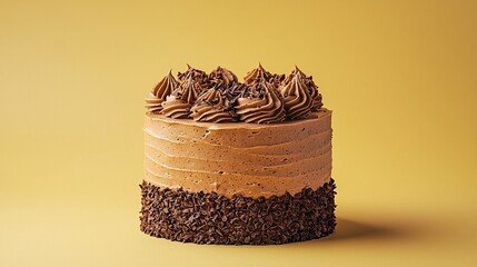 Delicious chocolate cake with swirls of frosting and chocolate shavings