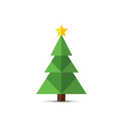 Obraz premium Vibrant geometric green evergreen tree with a shining golden star, symbolizing festive joy and holiday spirit