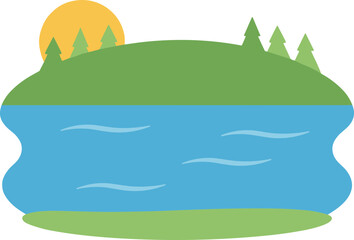 Simple Flat Style Illustration of a Lake with Trees Landscape