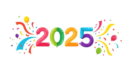 Bright and festive balloon numbers representing the year 2025 with lively confetti bursts